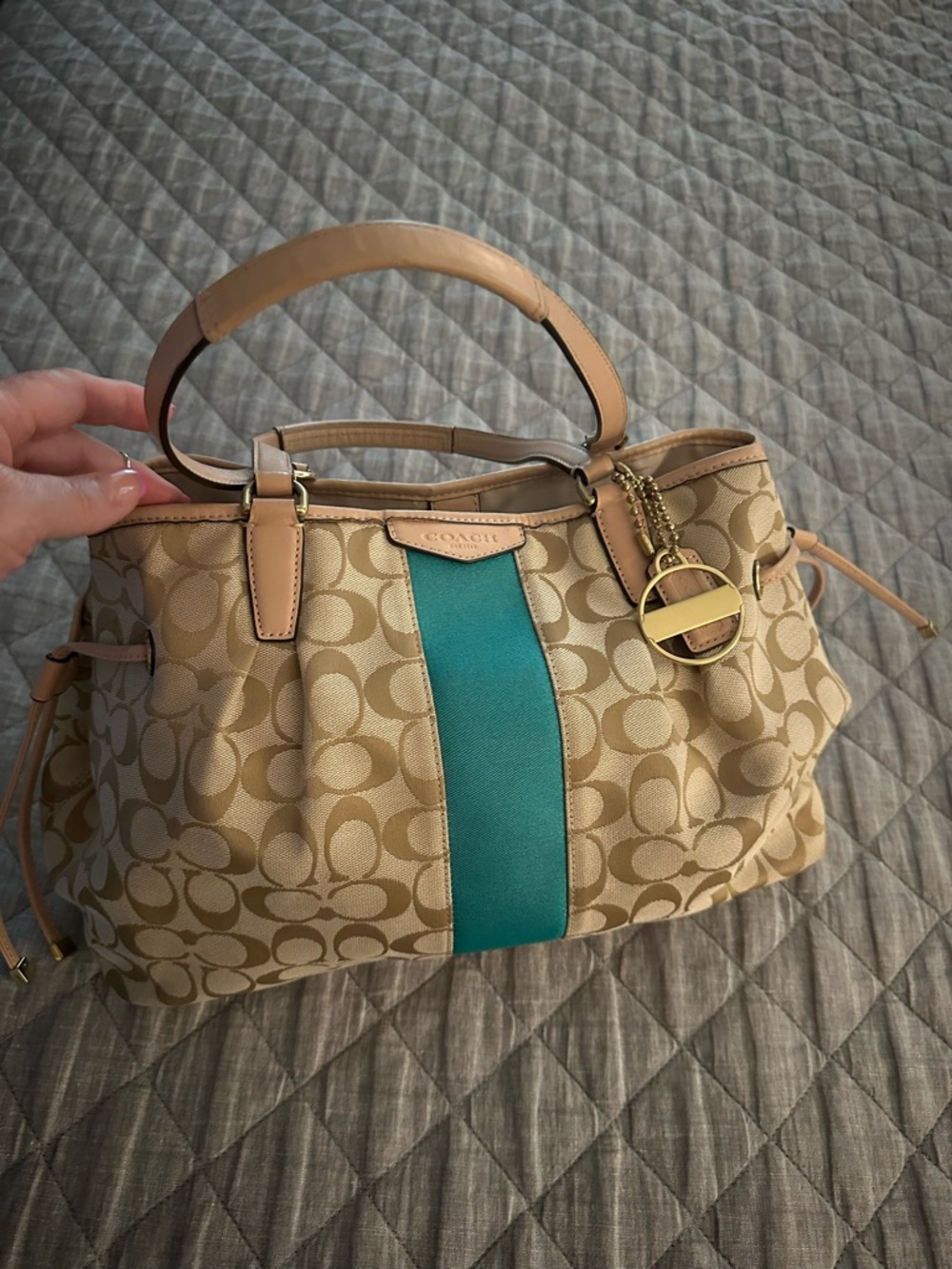 Coach Beige Signature Satchel with Teal Center Stripe